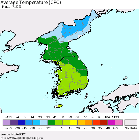 Korea Average Temperature (CPC) Thematic Map For 3/1/2021 - 3/7/2021