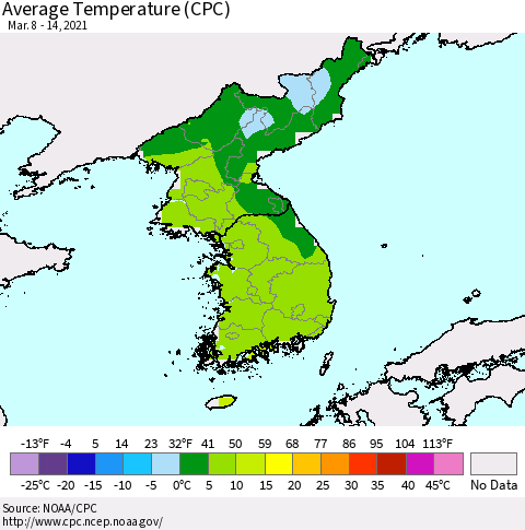 Korea Average Temperature (CPC) Thematic Map For 3/8/2021 - 3/14/2021