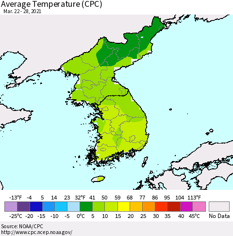 Korea Average Temperature (CPC) Thematic Map For 3/22/2021 - 3/28/2021