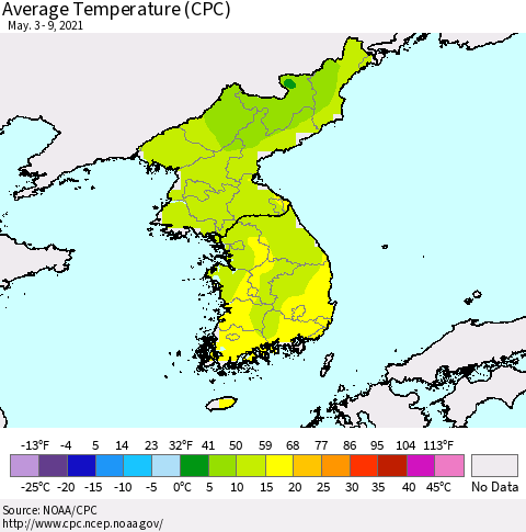 Korea Average Temperature (CPC) Thematic Map For 5/3/2021 - 5/9/2021