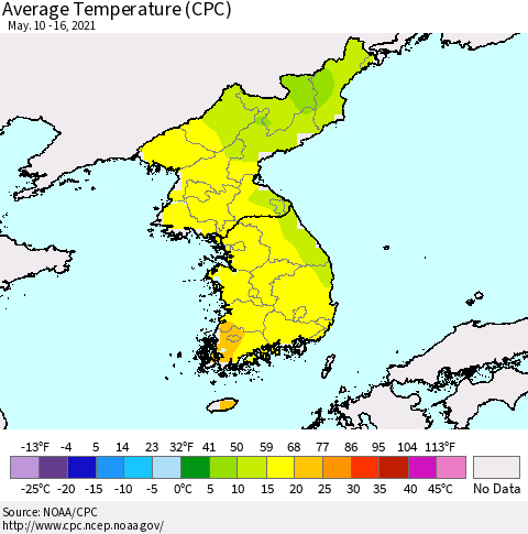 Korea Average Temperature (CPC) Thematic Map For 5/10/2021 - 5/16/2021