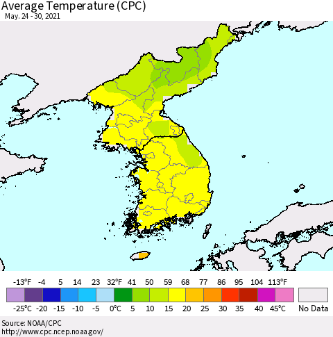Korea Average Temperature (CPC) Thematic Map For 5/24/2021 - 5/30/2021