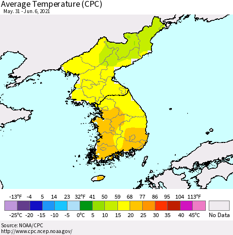 Korea Average Temperature (CPC) Thematic Map For 5/31/2021 - 6/6/2021