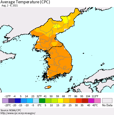 Korea Average Temperature (CPC) Thematic Map For 8/2/2021 - 8/8/2021
