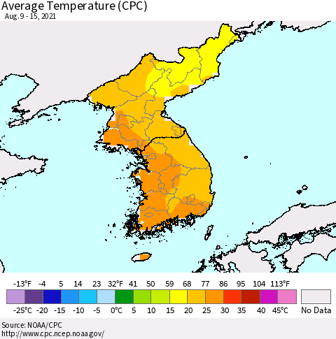 Korea Average Temperature (CPC) Thematic Map For 8/9/2021 - 8/15/2021