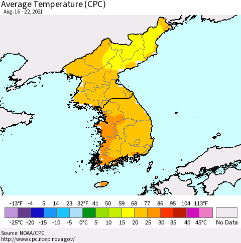 Korea Average Temperature (CPC) Thematic Map For 8/16/2021 - 8/22/2021