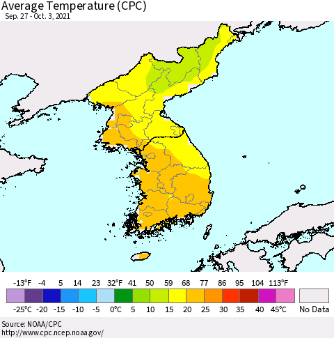 Korea Average Temperature (CPC) Thematic Map For 9/27/2021 - 10/3/2021