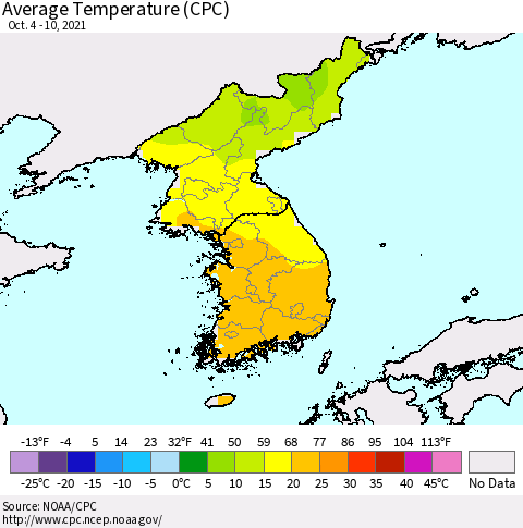 Korea Average Temperature (CPC) Thematic Map For 10/4/2021 - 10/10/2021