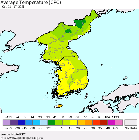 Korea Average Temperature (CPC) Thematic Map For 10/11/2021 - 10/17/2021