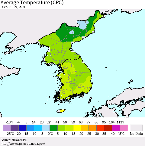 Korea Average Temperature (CPC) Thematic Map For 10/18/2021 - 10/24/2021
