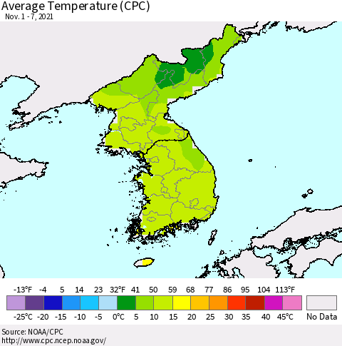 Korea Average Temperature (CPC) Thematic Map For 11/1/2021 - 11/7/2021