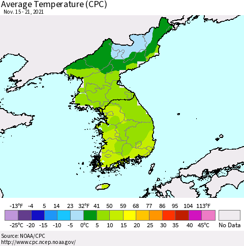 Korea Average Temperature (CPC) Thematic Map For 11/15/2021 - 11/21/2021