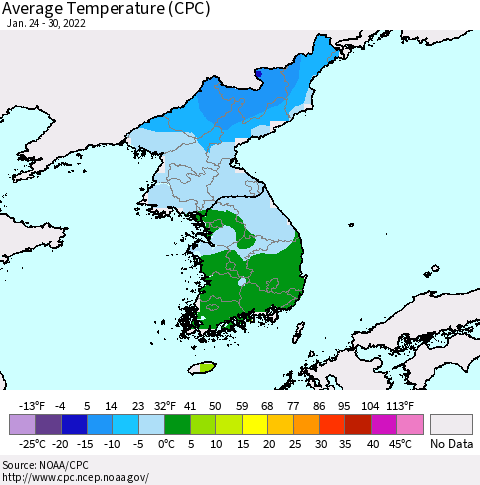 Korea Average Temperature (CPC) Thematic Map For 1/24/2022 - 1/30/2022