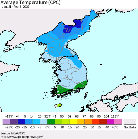 Korea Average Temperature (CPC) Thematic Map For 1/31/2022 - 2/6/2022