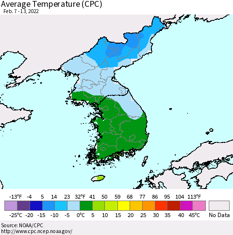 Korea Average Temperature (CPC) Thematic Map For 2/7/2022 - 2/13/2022