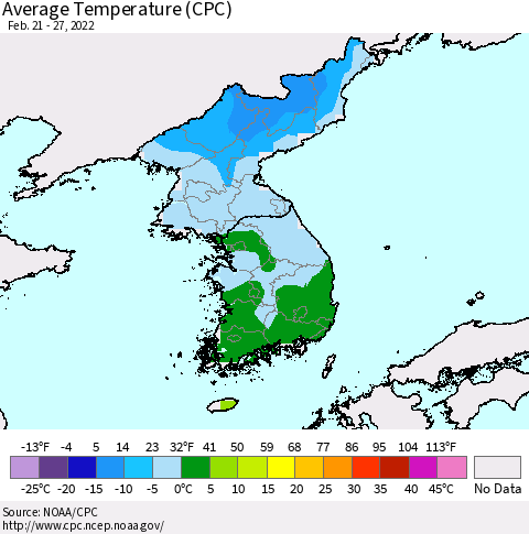Korea Average Temperature (CPC) Thematic Map For 2/21/2022 - 2/27/2022