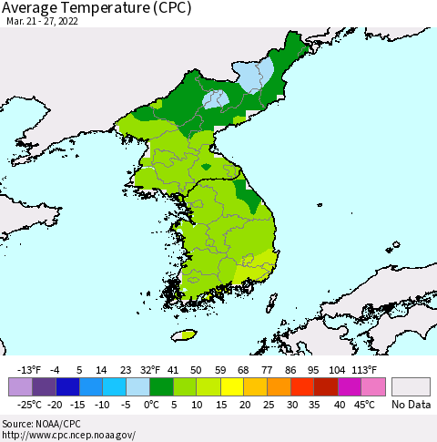 Korea Average Temperature (CPC) Thematic Map For 3/21/2022 - 3/27/2022
