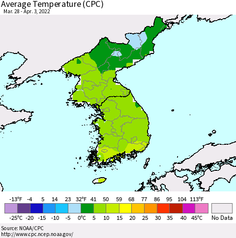 Korea Average Temperature (CPC) Thematic Map For 3/28/2022 - 4/3/2022
