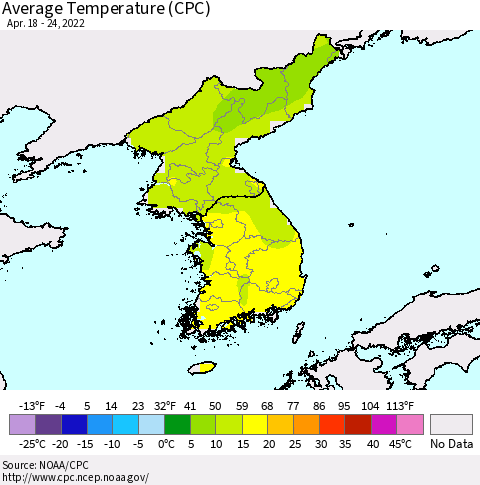 Korea Average Temperature (CPC) Thematic Map For 4/18/2022 - 4/24/2022