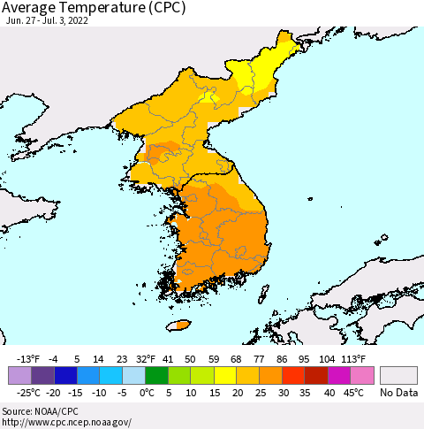 Korea Average Temperature (CPC) Thematic Map For 6/27/2022 - 7/3/2022