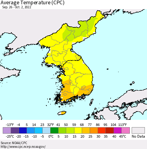 Korea Average Temperature (CPC) Thematic Map For 9/26/2022 - 10/2/2022