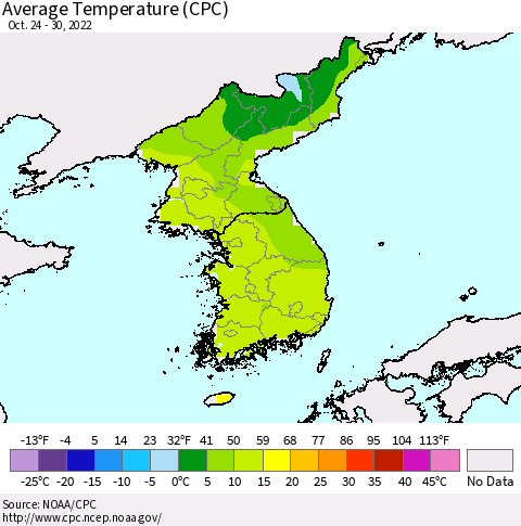 Korea Average Temperature (CPC) Thematic Map For 10/24/2022 - 10/30/2022