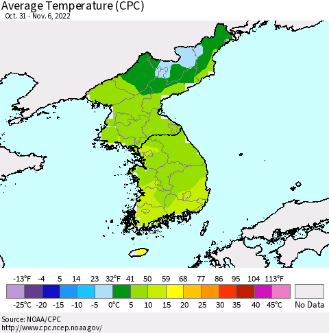 Korea Average Temperature (CPC) Thematic Map For 10/31/2022 - 11/6/2022