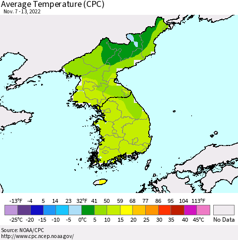 Korea Average Temperature (CPC) Thematic Map For 11/7/2022 - 11/13/2022