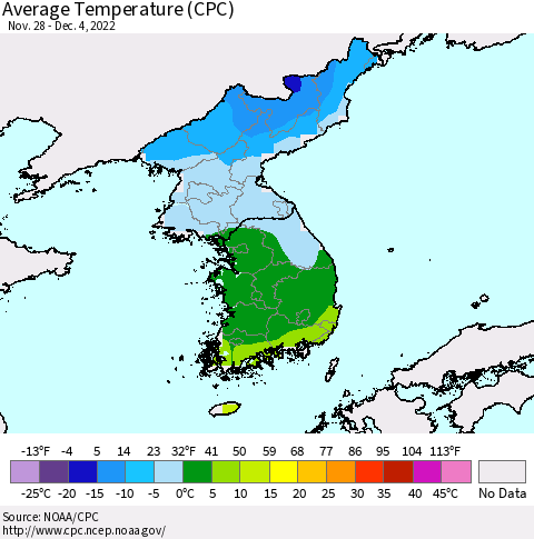 Korea Average Temperature (CPC) Thematic Map For 11/28/2022 - 12/4/2022