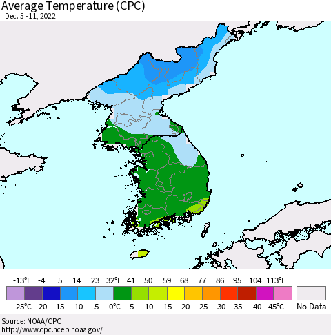 Korea Average Temperature (CPC) Thematic Map For 12/5/2022 - 12/11/2022