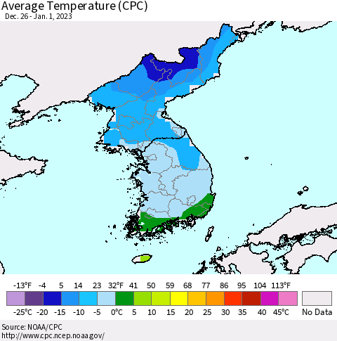 Korea Average Temperature (CPC) Thematic Map For 12/26/2022 - 1/1/2023