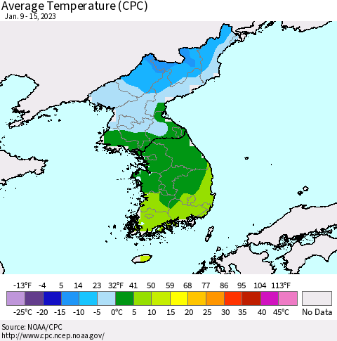 Korea Average Temperature (CPC) Thematic Map For 1/9/2023 - 1/15/2023