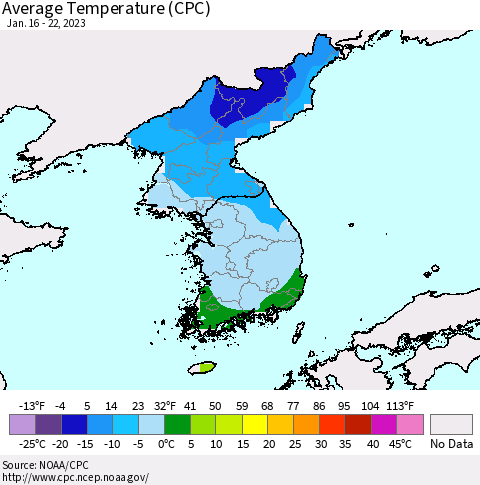 Korea Average Temperature (CPC) Thematic Map For 1/16/2023 - 1/22/2023
