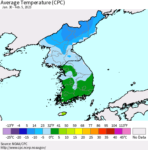 Korea Average Temperature (CPC) Thematic Map For 1/30/2023 - 2/5/2023