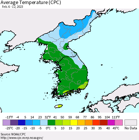 Korea Average Temperature (CPC) Thematic Map For 2/6/2023 - 2/12/2023