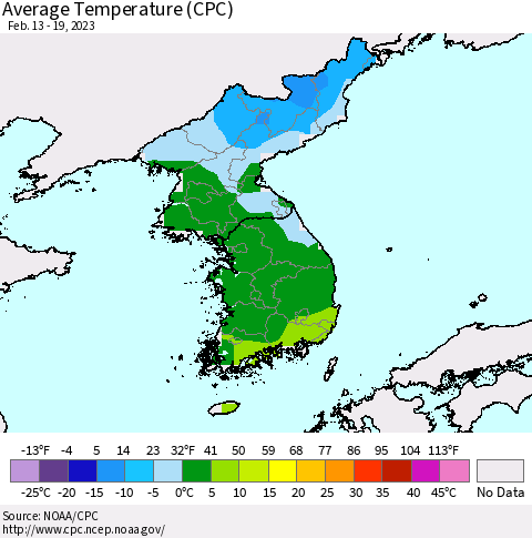 Korea Average Temperature (CPC) Thematic Map For 2/13/2023 - 2/19/2023