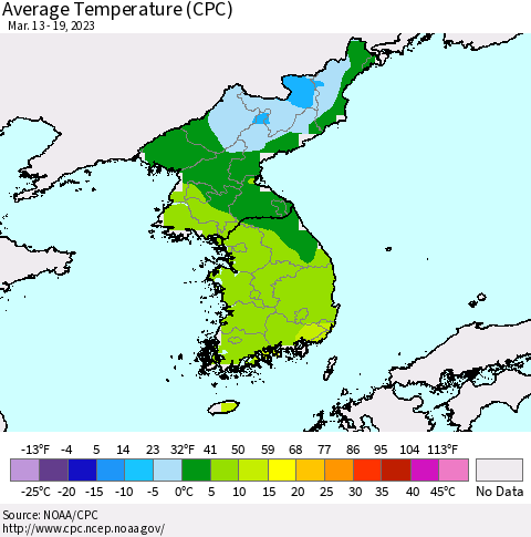Korea Average Temperature (CPC) Thematic Map For 3/13/2023 - 3/19/2023