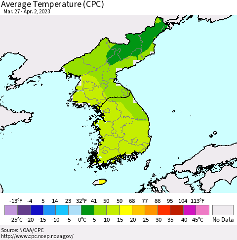 Korea Average Temperature (CPC) Thematic Map For 3/27/2023 - 4/2/2023