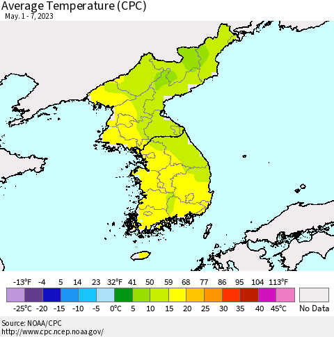 Korea Average Temperature (CPC) Thematic Map For 5/1/2023 - 5/7/2023