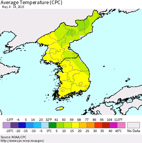 Korea Average Temperature (CPC) Thematic Map For 5/8/2023 - 5/14/2023