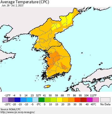 Korea Average Temperature (CPC) Thematic Map For 6/26/2023 - 7/2/2023