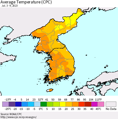 Korea Average Temperature (CPC) Thematic Map For 7/3/2023 - 7/9/2023