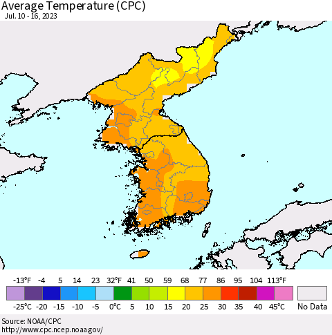 Korea Average Temperature (CPC) Thematic Map For 7/10/2023 - 7/16/2023