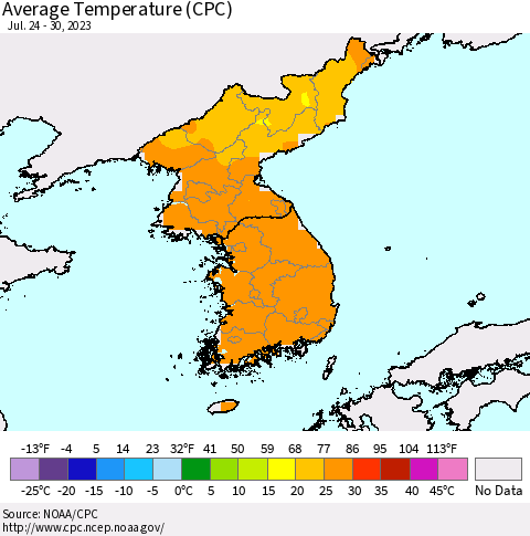 Korea Average Temperature (CPC) Thematic Map For 7/24/2023 - 7/30/2023