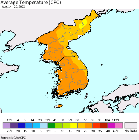 Korea Average Temperature (CPC) Thematic Map For 8/14/2023 - 8/20/2023