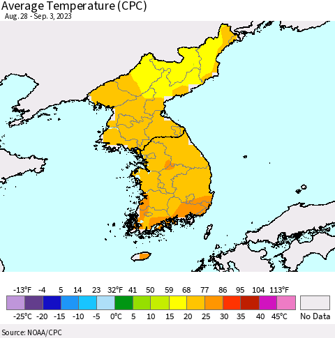 Korea Average Temperature (CPC) Thematic Map For 8/28/2023 - 9/3/2023