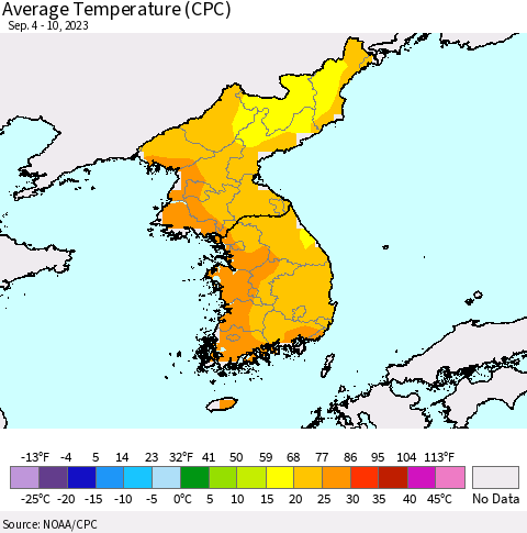 Korea Average Temperature (CPC) Thematic Map For 9/4/2023 - 9/10/2023