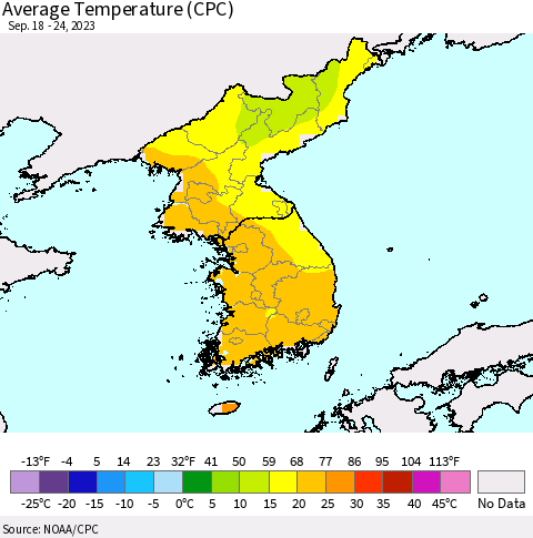 Korea Average Temperature (CPC) Thematic Map For 9/18/2023 - 9/24/2023