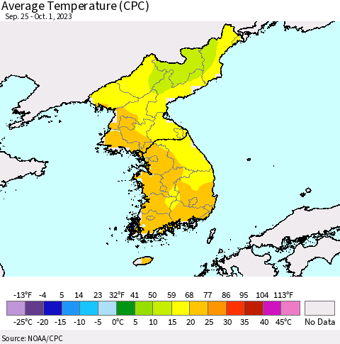 Korea Average Temperature (CPC) Thematic Map For 9/25/2023 - 10/1/2023