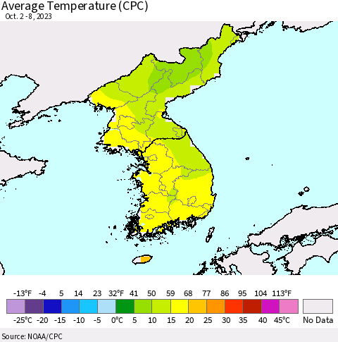 Korea Average Temperature (CPC) Thematic Map For 10/2/2023 - 10/8/2023